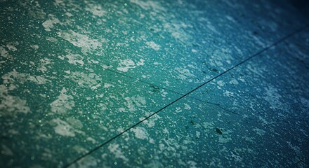Closeup of a scratched and weathered bluegreen surface with white spots and a diagonal line