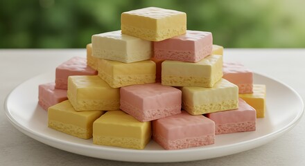 colorful marshmallow treats stacked on a white plate