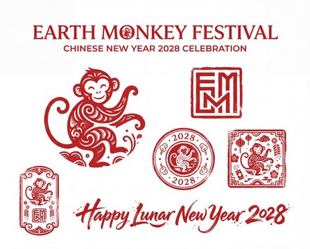 Celebrate Lunar New Year 2028 with vibrant Earth Monkey Festival symbols and artistic designs showcasing cultural traditions