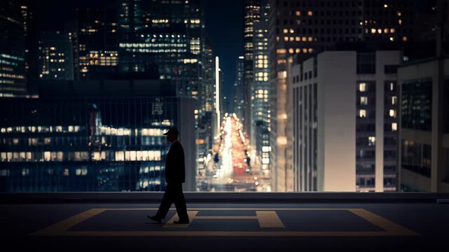 Businessman walking on a rooftop helipad at night with a city skyline in the background. Represents urban lifestyle and corporate success