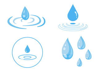 Set of water droplets icons showing splash drops, liquid drops, rain drops, and freshness symbols.