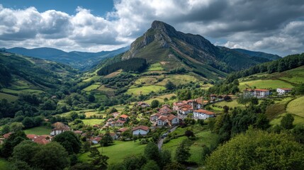 Fototapeta premium Scenic basque countryside with verdant hills and traditional village beneath mountain peak.