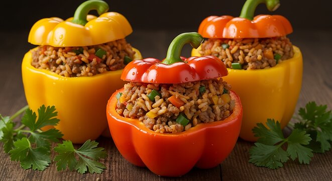 stuffed bell peppers with rice and vegetables on wooden table