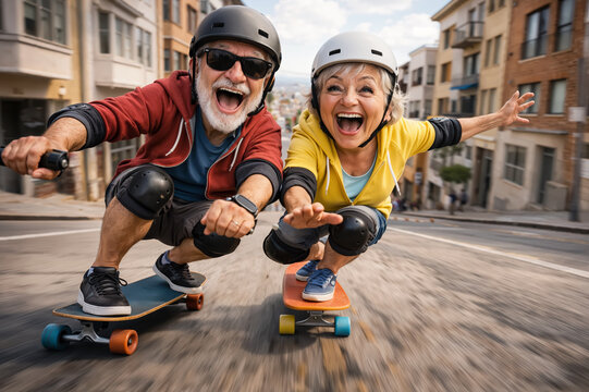 An excited elderly couple wearing helmets skateboards down a street. Cartoon of a cheerful elderly couple skateboarding downhill in the city.