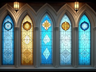 Fototapeta premium Intricate Blue Stained Glass Window Detail - Elegant Religious Art with Floral and Geometric Patterns, Spiritual Symbolism.