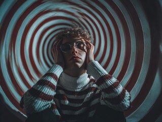 A person sits in a spiral tunnel with red and white stripes, covering their eyes and looking troubled as they feel the effects of vertigo