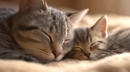 A mother cat and her adorable kitten are sleeping soundly together, nestled on a soft blanket in warm afternoon light, radiating love and comfort
