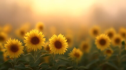 Fototapeta premium A field of sunflowers stands tall and bright as the sun rises softly. A light breeze creates a calm atmosphere, enhancing the beauty of nature