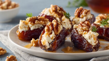 A plate of stuffed dates with cheese and walnuts on a table