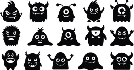 A collection of cute monster silhouettes with various expressions on a white background