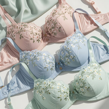 Elegant floral embroidered bras in soft pastel colors