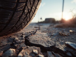 Tire rests on a cracked road surface at sunset, capturing the texture of the tire tread and the surrounding environment in warm, soft light