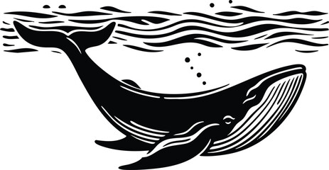 Whale swimming underwater stylized black and white illustration with wavy water surface and bubbles perfect for ocean themes and marine life concepts isolated on white background © Md Hasan
