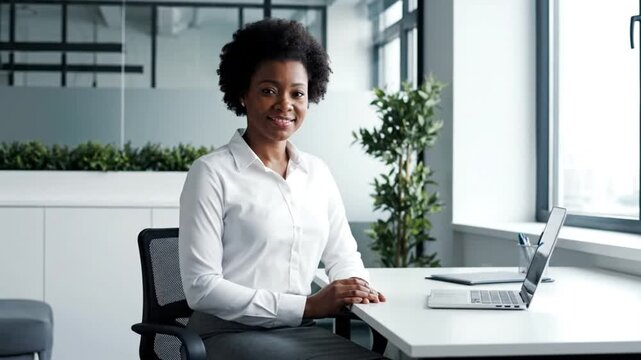 Confident businesswoman sitting at modern office desk with laptop