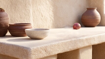 A rustic stone counter features ceramic bowls and pots, highlighting the simplicity and warmth of a desert kitchen