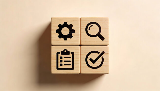 Four wooden blocks in 2x2 grid with gear magnifier checklist and check icons representing audit inspection quality assurance process management and verified compliance with copy space
