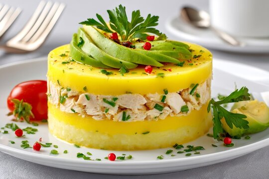Causa limena, peruvian potato avocado chicken dish