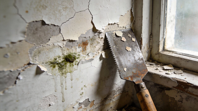 Hand scraper removing peeling paint and mold from damaged interior wall
