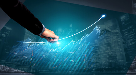 A businessman points at a digital financial graph displaying upward trends in a stylized urban setting, symbolizing growth, market analysis, and innovative strategy in business. Scalp