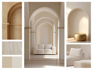 Inspiration board features a modern classic interior with light colors, soft textures, and curved shapes creating a calm and inviting living area atmosphere