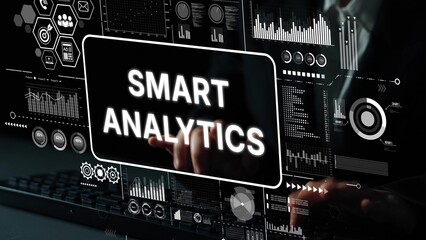 Advanced Smart Analytics Concept with Futuristic Data Visualization and User Interaction in Modern Office Setting. Asymptotic smart data analytic.