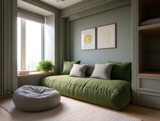 A serene children's room showcases green tones with a minimalist aesthetic. Soft cushions and plants create a cozy space for relaxation and play