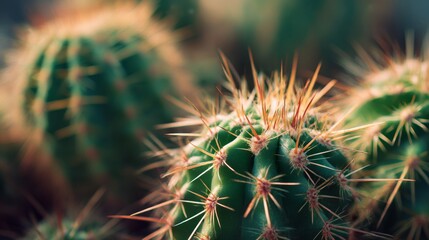 Close-up view of green cacti displaying sharp spines in a vibrant natural environment filled with other succulents under clear blue skies