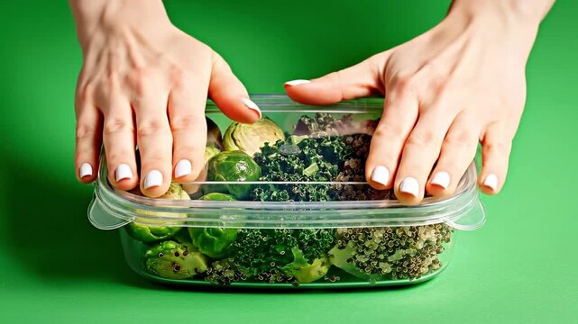 Closing plastic lid on glass food container with brussels sprouts and quinoa on green surface