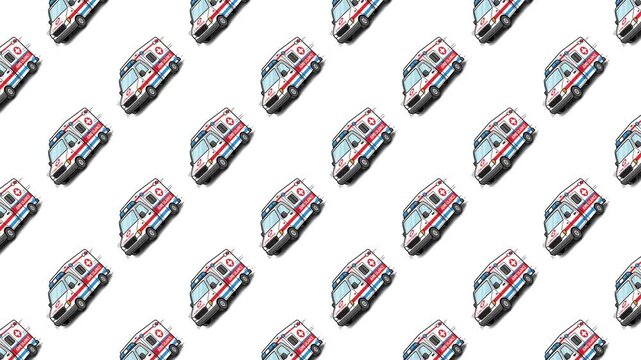 Seamless pattern of stylized cartoon ambulance vehicles on a white background. Isometric 2D illustration of emergency medical vans, ideal for healthcare, first aid, and rescue themed designs