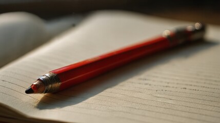 A red pencil sits on top of lined notebook pages, illuminated by soft morning sunlight. This scene captures a tranquil moment ideal for creativity and reflection
