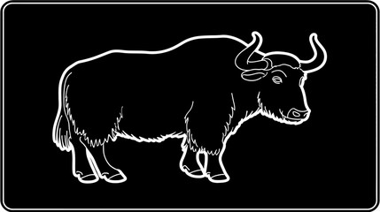 White outline illustration of a shaggy yak with distinctive horns, a vector graphic on a black background, representing a mountain animal.