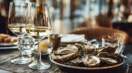 Elegant seafood dining with oysters and white wine in a sophisticated restaurant setting.