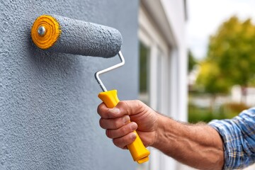 Obraz na płótnie Canvas Hand painting house exterior wall using gray paint roller