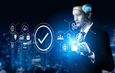 A futuristic businessman displays a high-tech interface in an urban setting, highlighting concepts of innovation and artificial intelligence in a digital landscape. Gantry