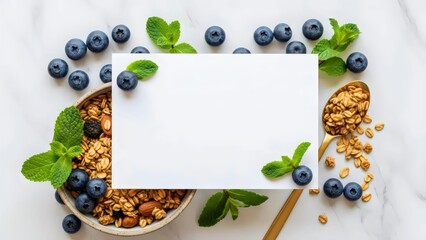  Blank frame mockup with blueberries, mint leaves and fenugreek seeds for healthy food concep
