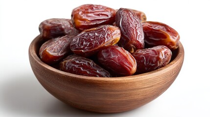 Obraz premium A wooden bowl filled with several dates on a white background