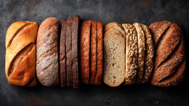 Variety of artisan breads on dark rustic background. - Powered by Adobe