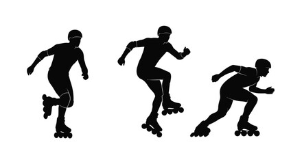 Three silhouetted figures of people rollerblading in different poses on a white background