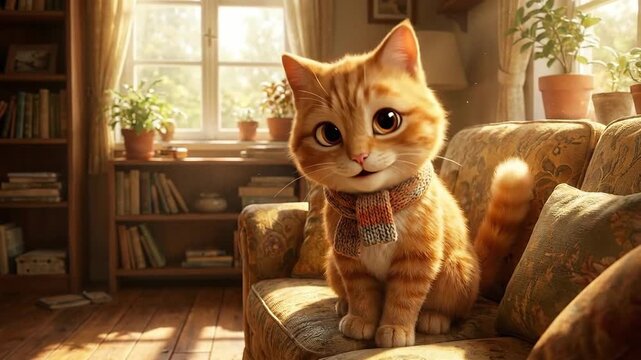 Adorable ginger cat wearing a scarf, sitting on a cozy sofa in a sunlit room