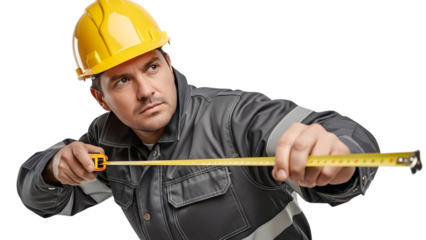 Construction worker measuring with tape measure in transparent background