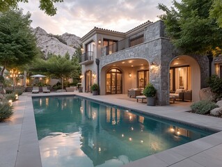 Fototapeta premium Luxurious Infinity Pool at Dusk: Modern Outdoor Living Space with Elegant Landscape Lighting and Serene Atmosphere.
