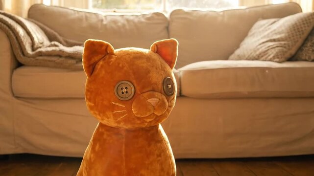 A stuffed orange cat toy with button eyes sits on a wooden floor in front of a couch