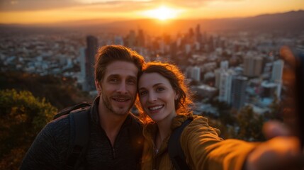 Caucasian young adults enjoy sunset cityscape view on mountain hike.