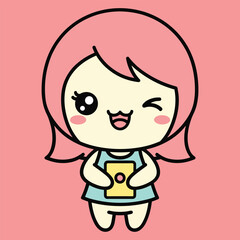 Obraz premium Cute cartoon girl with pink hair holding a yellow and winking yellow winking