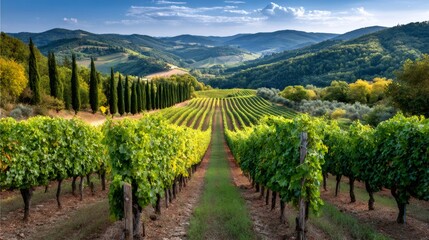 Naklejka premium Tuscany vineyard rows stretching into rolling hills