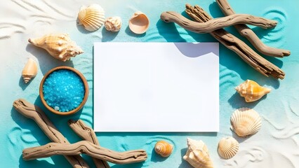 Coastal sea salt and shell mockup frame for summer skincare.