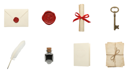 Vintage correspondence and stationery set including wax seal, scroll, key, quill, ink, and letters. Romantic or historical writing collection.