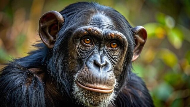 Close-up portrait of a chimpanzee with expressive eyes, set against a blurred natural background.