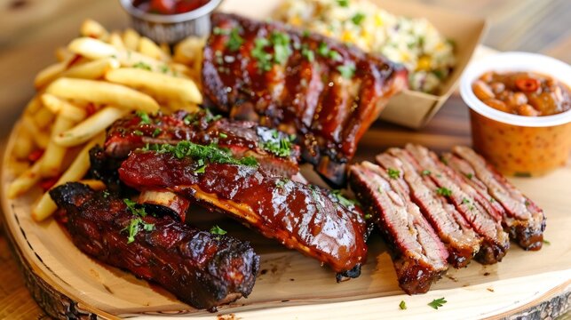 Barbecue meat platter featuring smoked ribs and brisket