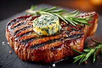 Grilled ribeye steak with herb butter and rosemary sprigs